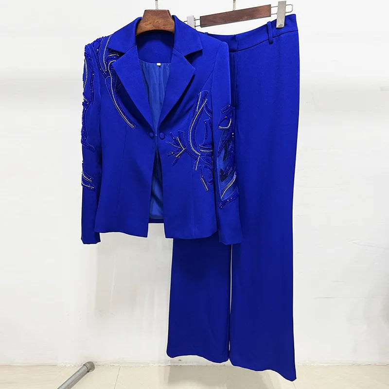 Beaded crystal blazer and wide-leg trouser suit displayed