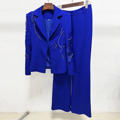 Beaded crystal blazer and wide-leg trouser suit displayed