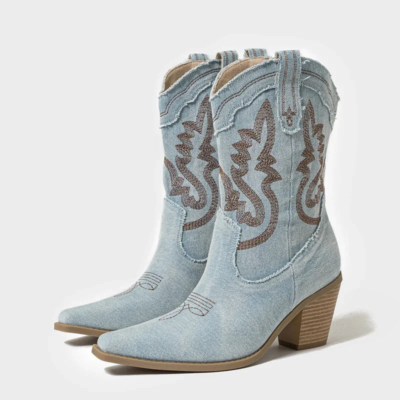 Denim Embroidery Western Square High Heels Boots