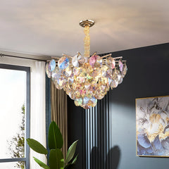 A colorful crystal pendant light hanging in a modern living room, adding a vibrant touch.  Golden Atelier 4