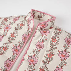 Pink Flower Print Stand neck Quilted Jacket Retro Outerwear