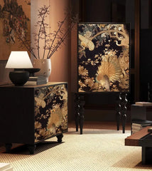 Decorative cabinet with floral patterns in a room setting