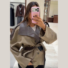 Faux Leather Patchwork Collar Belt Waist Cinched Jacket