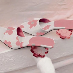 Floral Print Clear Acrylic Flower Heel Mules