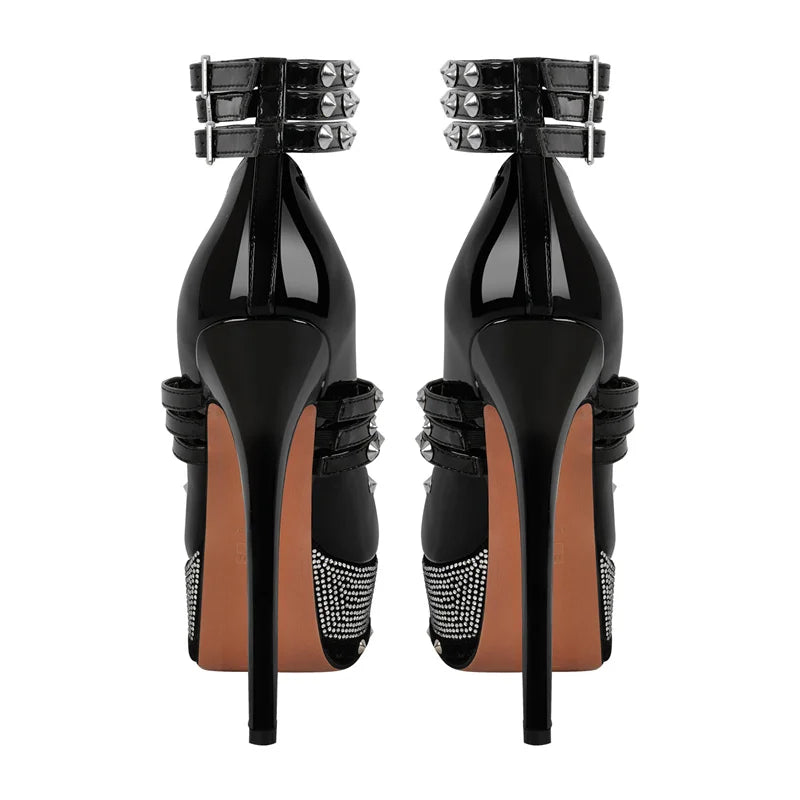Back view of studded platform stiletto heels