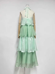Green 3D Flower Halter Neck Tiered Maxi Dress