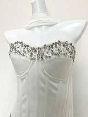 White Rhinestone Strapless Corset Top and Maxi Pleated Skirt Set