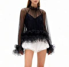 Sheer Ruffled Tiered Frill Blouse
