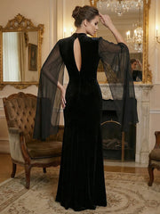 V-Neck Cloak Sleeve Black Velvet Maxi Dress