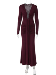 Long Sleeve Bodycon Deep V Neck Draped Maxi Dress