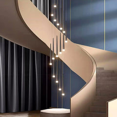  Contemporary chandelier with geometric design, illuminating Stair case of a modern living room. Golden Atelier 4