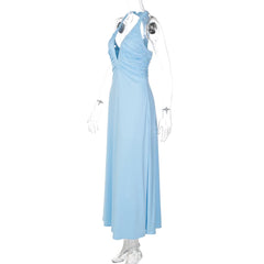 V-Neck Ruched Halter Neck Sleeveless Maxi Dress