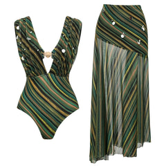 Plunging V-neck one-piece swimsuit with diagonal stripes and metallic dots, paired with an asymmetrical maxi skirt.