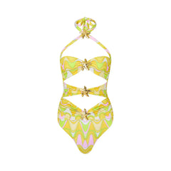One-Piece Cut Out Swimsuit and Skirt Set with Gold Flower Accents