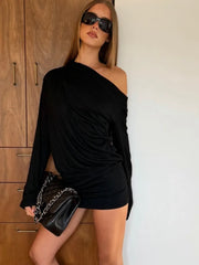 Black one shoulder mini dress with draped detail