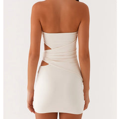 White strapless dress with cut-out back on a white background