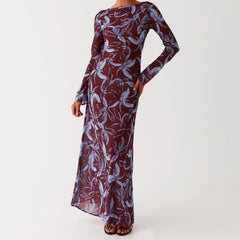 Long burgundy dress with floral pattern 