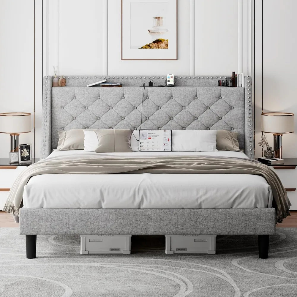 Upholstered Button Tufted King Platform Bed with Charging Station