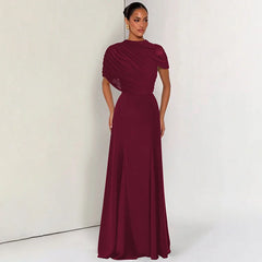 Wine draped mock neck maxi dress with short sleeves