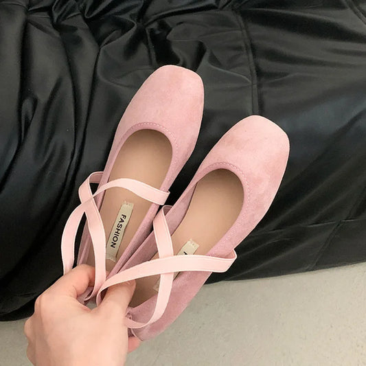 Top view of pink square toe ballet flats showing the 'Fashion' label