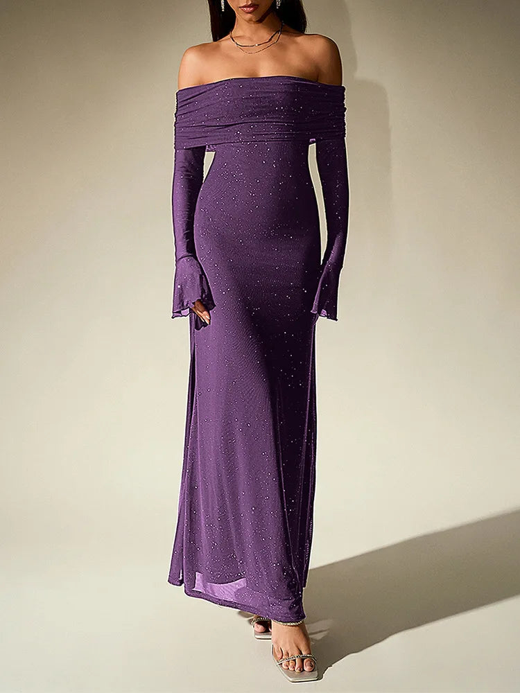 Purple off-shoulder long-sleeve dress on a plain background