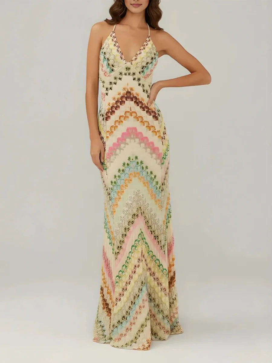 Chevron print v-neck sleeveless maxi dress front view