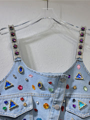  Denim Colorful Diamond Crystal Single Breasted Sleeveless Tank Top