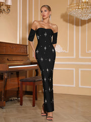 Off-shoulder diamond bandage maxi evening gown.

