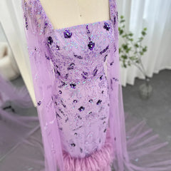 Feather Beads Cape Sleeve Square Collar Prom Dress