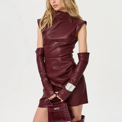 Faux Leather Zipper Sleeveless Short Dress With Gloves