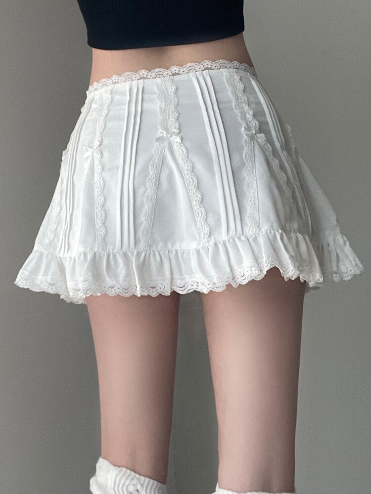 A-line Mini Skirt Lace Patchwork Solid White Streetwear For Girls
