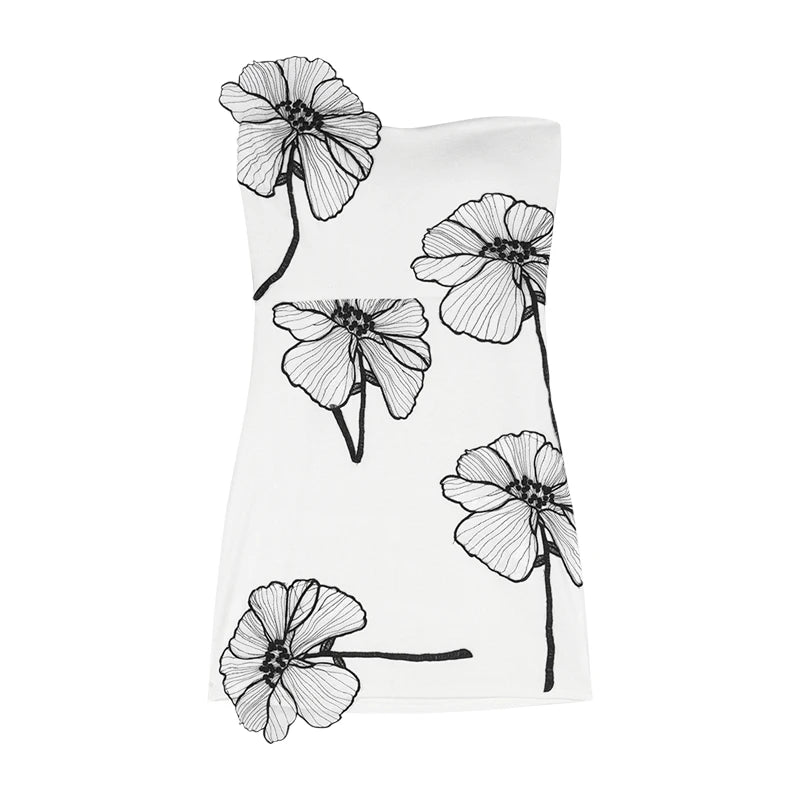Strapless white mini dress with black floral appliqué