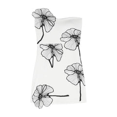 Strapless white mini dress with black floral appliqué