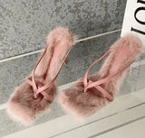 Faux Fur High Heels Square Head Toe Clip-On Sandals