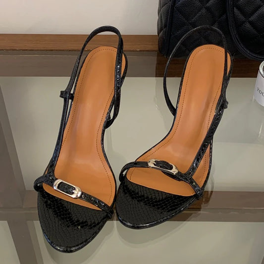 Black thin strap buckle stiletto heels with snake print texture