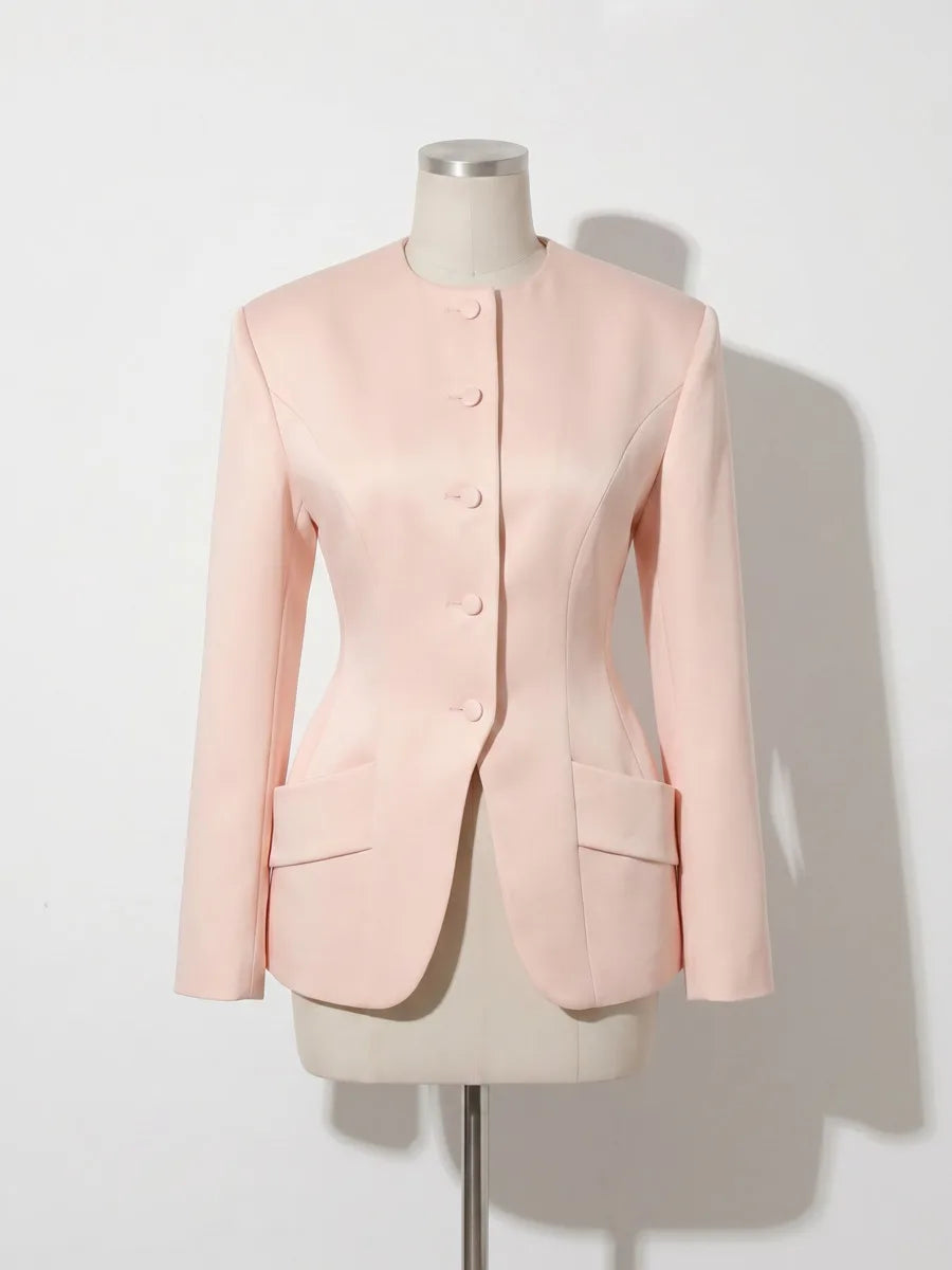 Pink satin hourglass waist blazer close-up