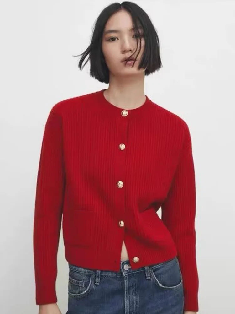 Knitted Cardigan Long Sleeve Round Neck Button Pocket Sweater