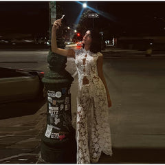 White Sleeveless Mock Neck Lace Long Slit Top And Pants Set