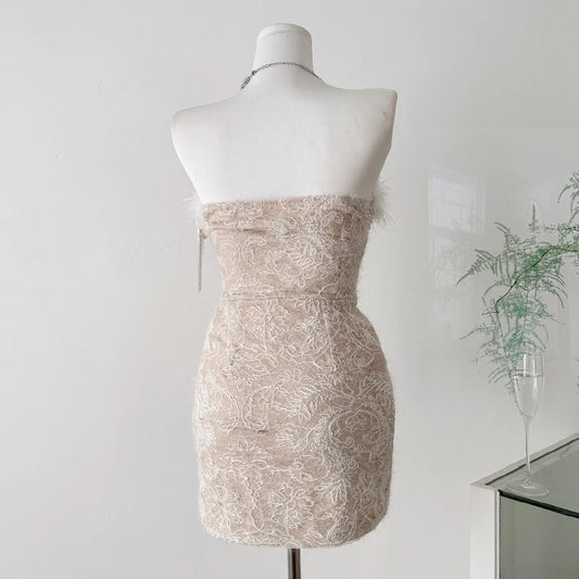 Feather trimmed pearl embellished corset mini dress back view