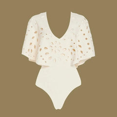 Scallop Neckline One-Piece Swimsuit with Eyelet Midi Skirt Set