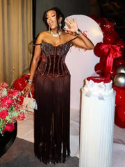Brown spaghetti strap beaded fringe gown