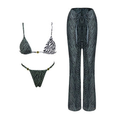 Zebra Print Bikini and Cover up Pants Two Piece Set
