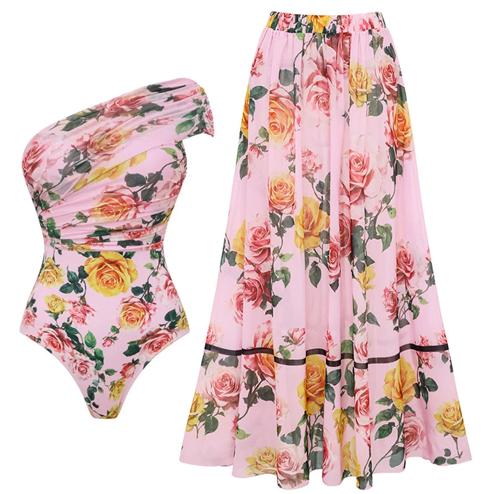 Close-up of the floral print swimsuit and maxi skirt.