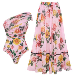 Close-up of the floral print swimsuit and maxi skirt.