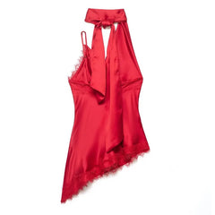 Red Satin Lace Draped Neck Spaghetti Strap Top