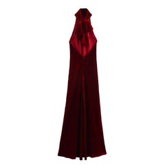 Velvet Wine Red Backless Halter Neck Dress