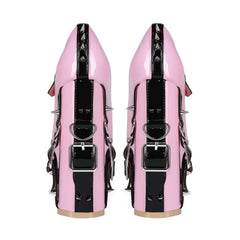 Rear view of pink patent leather platform chunky heel Mary Jane shoes