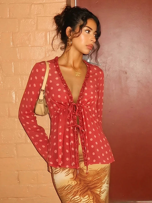 Polka dot v-neck tie front top detail