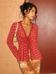 Polka dot v-neck tie front top detail