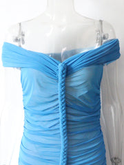 Blue off-shoulder dress on a mannequin against a white background